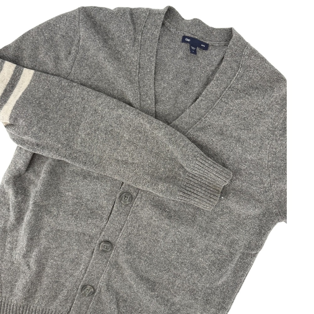 Gap Gray Varsity Stripe VNeck Cardigan Sweater Cotton Lambswool Blend Collegiate